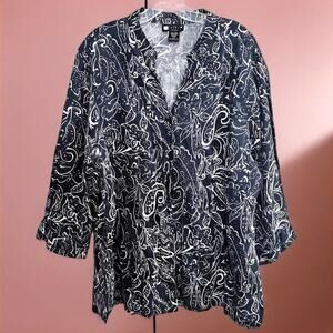 Carole Little 100% Linen Boho V-Neck Tunic Navy White Paisley Size 2X